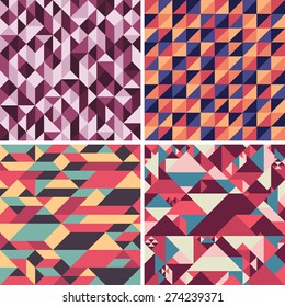 Set of colorful geometric seamless patterns with triangles.