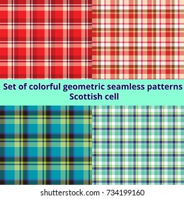 Set of colorful geometric seamless patterns. Scottish cell set. Vector illustration