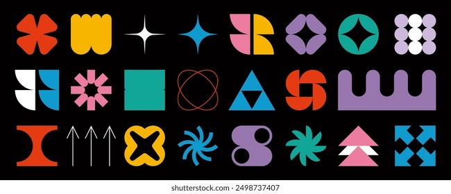 Set von bunten geometrischen Form Grafikdesign. Abstrakte geometrische Formen, geometrische Elemente. Trendy minimalistische Grundfiguren, einfache Stern, Pflanzen, Linien und Kreise