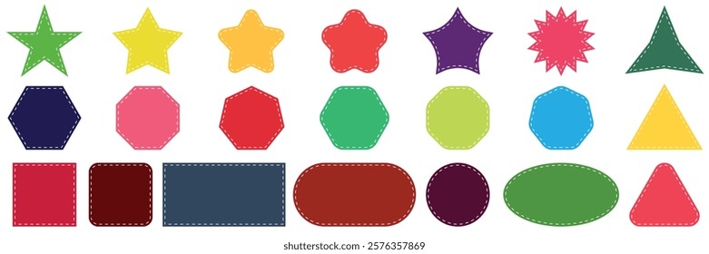 Set of colorful geometric shapes with dotted stitch outlines, including tags, patches, stickers, text boxes, price labels, and promo badges. Vector illustration on white background.