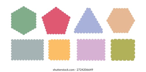 Set von bunten geometrischen Formen mit Zickzack-Kanten gesetzt. Zigzag und bunte Formen. Trübe Welle Kurve Rand Frame Vektor Set bunte wellenförmige Rand Rahmen. Vektorgrafik.
