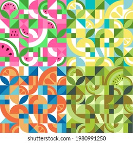 Set of colorful geometric textures with fruits in the Bauhaus style. Abstract vector background with watermelon, lemon, orange, kiwi. Seamless repeating pattern. Mosaic retro wallpaper.