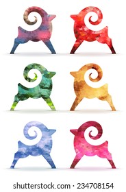 Set of colorful geometric triangle shapes of the goat. There are six different colors of illustrations.