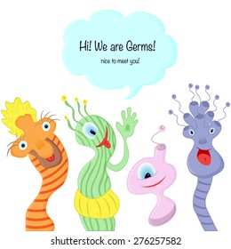 Set of colorful germs / microbes, cartoon character, vector illustration, collection of fictional organisms