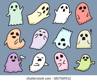 Set of colorful ghost cartoon doodle drawing set collection vector illustration