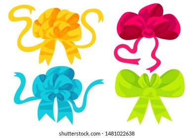 Set of colorful gift bows with bright ribbons of different colors and shapes. Cartoon and flat style. Vector illustration isolated on white background.