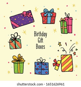 set of colorful gift box with colored doodle or hand drawn style