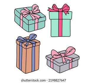 set of colorful gift box with colored doodle or hand drawn style. vector illustration