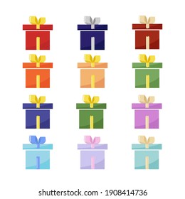  Set of colorful gift box. Holiday gift box. Vector illustration. Red, blue, pink, green, purple, orange 12 gift boxes