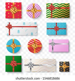 Set of colorful gift box isolated on transparent background. Top view. Christmas gift boxes collection with different pattern and big bow. Surprise box. Element for your festive design. Vector eps 10