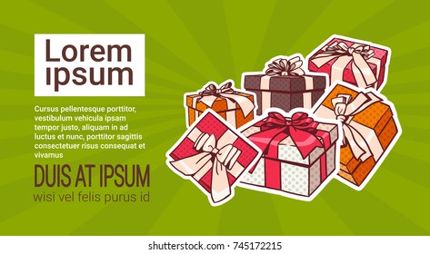 Set Of Colorful Gift Box Pop Art Retro Style Of Presents With Ribbon And Bow On Background With Copy Space Vector Illustration