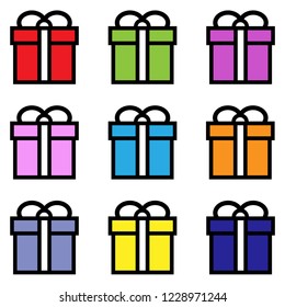 Set of colorful gift box symbols, christmas present wrapped with ribbon icons, Vector illustration.