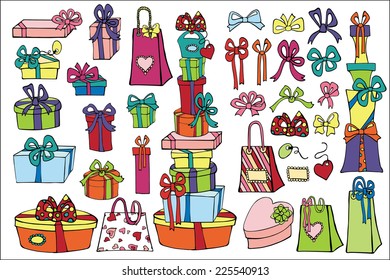 Set of colorful gift boxes and gift bags with bows ,ribbons,tags. Hand drawing style.Doodle Vector illustration. 