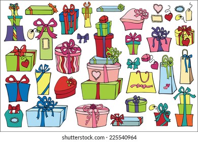 Set of colorful gift boxes and gift bags with bows ,ribbons,tags. Hand drawing style.Doodle Vector illustration. 