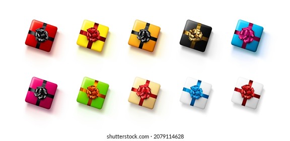 Set von bunten Geschenkbox mit schönen Folienbögen. Draufsicht. Vektorgrafik für Feiertage.