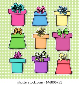 set of colorful gift boxes with bow, ribbon in a drawing cartoon style
