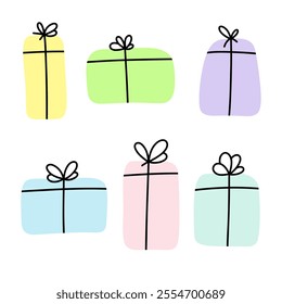 A set of colorful gift boxes with a bow hand-drawn isolated on a white background, doodle, vector. A decorative element for a holiday, congratulations, surprise, Christmas. Gift drawing, flat design