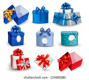 Set of colorful gift boxes with bows and ribbons. Vector illustration.