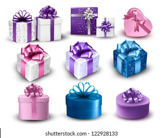 Set of colorful gift boxes with bows and ribbons. Vector illustration.