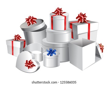 Set of colorful gift boxes with bows and ribbons. Vector illustration.