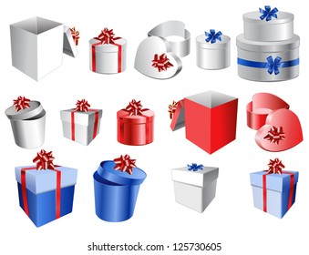 Set of colorful gift boxes with bows and ribbons. Open box. Vector illustration.