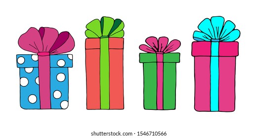 Set of colorful gift boxes with bows and ribbons. Hand drawn vector illustration.  Design for greeting cards, invitations, paper, stickers, posters and fabric.