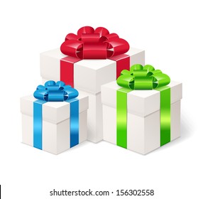 Set of colorful gift boxes with bows and ribbons.
