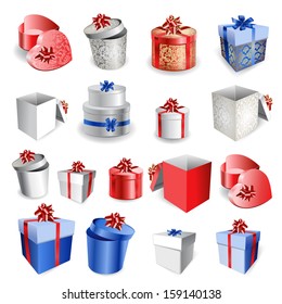 Set of colorful gift boxes with bows and ribbons. Vector illustration.