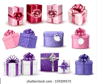 Set of colorful gift boxes with bows and ribbons. Vector illustration. 