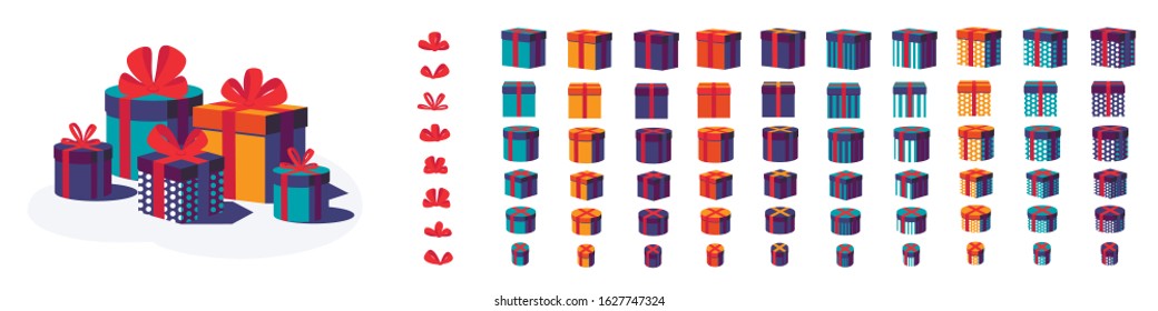 Set of colorful gift boxes with bows and ribbons isolated on white background. Beautiful wrapped, present boxes. Happy Birthday festive, party and celebration elements for greeting card. Stock vector 