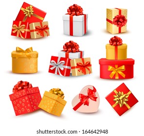 Set of colorful gift boxes with bows and ribbons. Vector