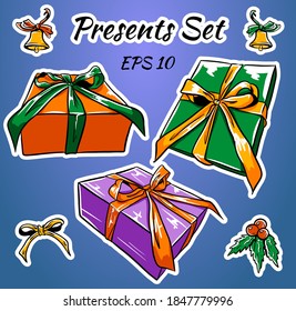 Set of colorful gift boxes with bows and ribbons. Vector illustration.