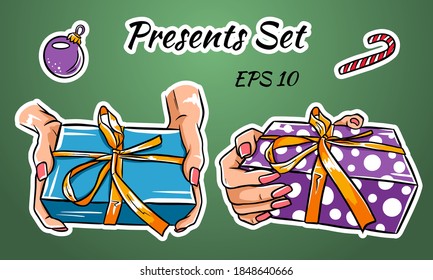 Coloridas cajas de regalo con arcos y cintas. Ilustración vectorial.