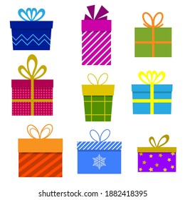 Set of colorful gift boxes with bows and ribbons. Vector illustration flat style