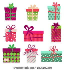 Set of colorful gift boxes with bows and ribbons. Vector illustration.