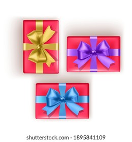 Set of colorful gift boxes with bows and ribbons. Vector illustration