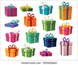 Set of colorful gift boxes with bows and ribbons. Illustration of isolated cartoon icon. Vector set christmas present.