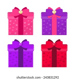 Set of colorful gift boxes with bows. Romantic concept. Vector illustration. 