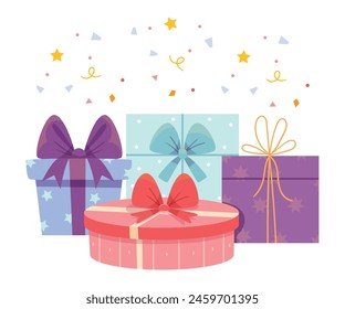 Set of colorful gift boxes with bows and ribbons.