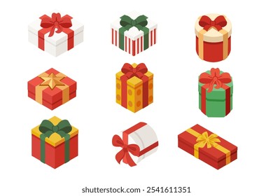 Set of colorful gift boxes with bows and ribbons, representing celebration, holidays, and special occasions. Perfect for Christmas, birthdays, and event-related designs. Vector illustration.