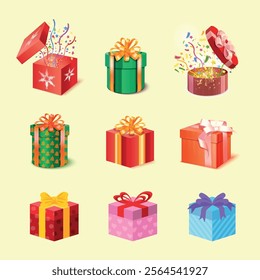 Set of colorful gift boxes with bows and ribbons