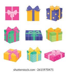 Set of colorful gift boxes with bows. Vector flat style illustration. Perfect for holidays, birthday, Christmas, New Year, celebrations, wrapping, festive decor, party invitation, greeting card