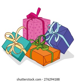 Set of colorful gift boxes with bows and ribbons. 