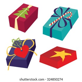 Set of colorful gift boxes with bows, ribbons and rich design decor - vector illustration.