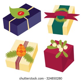 Set of colorful gift boxes with bows, ribbons and rich design decor - vector illustration.