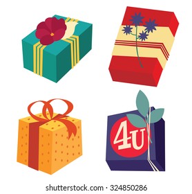 Set of colorful gift boxes with bows, ribbons and rich design decor - vector illustration.