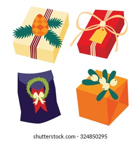 Set of colorful gift boxes with bows, ribbons and rich design decor - vector illustration.