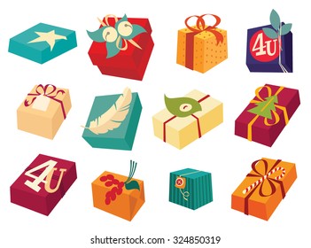 Set of colorful gift boxes with bows, ribbons and rich design decor - vector illustration.