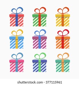 Set of colorful gift boxes with bows and ribbons. Vector illustration