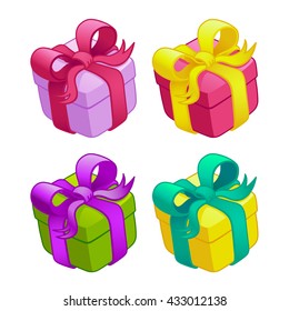 Set of colorful gift boxes with bows and ribbons, vector illustration.Funny cartoon colorful gift boxes.Isolated on a white background.Game icon.Design for app user interface and score display.